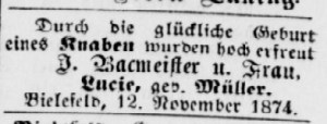 2. Geburtsanzeige Bielefelder Wochenblatt 14.11.1874