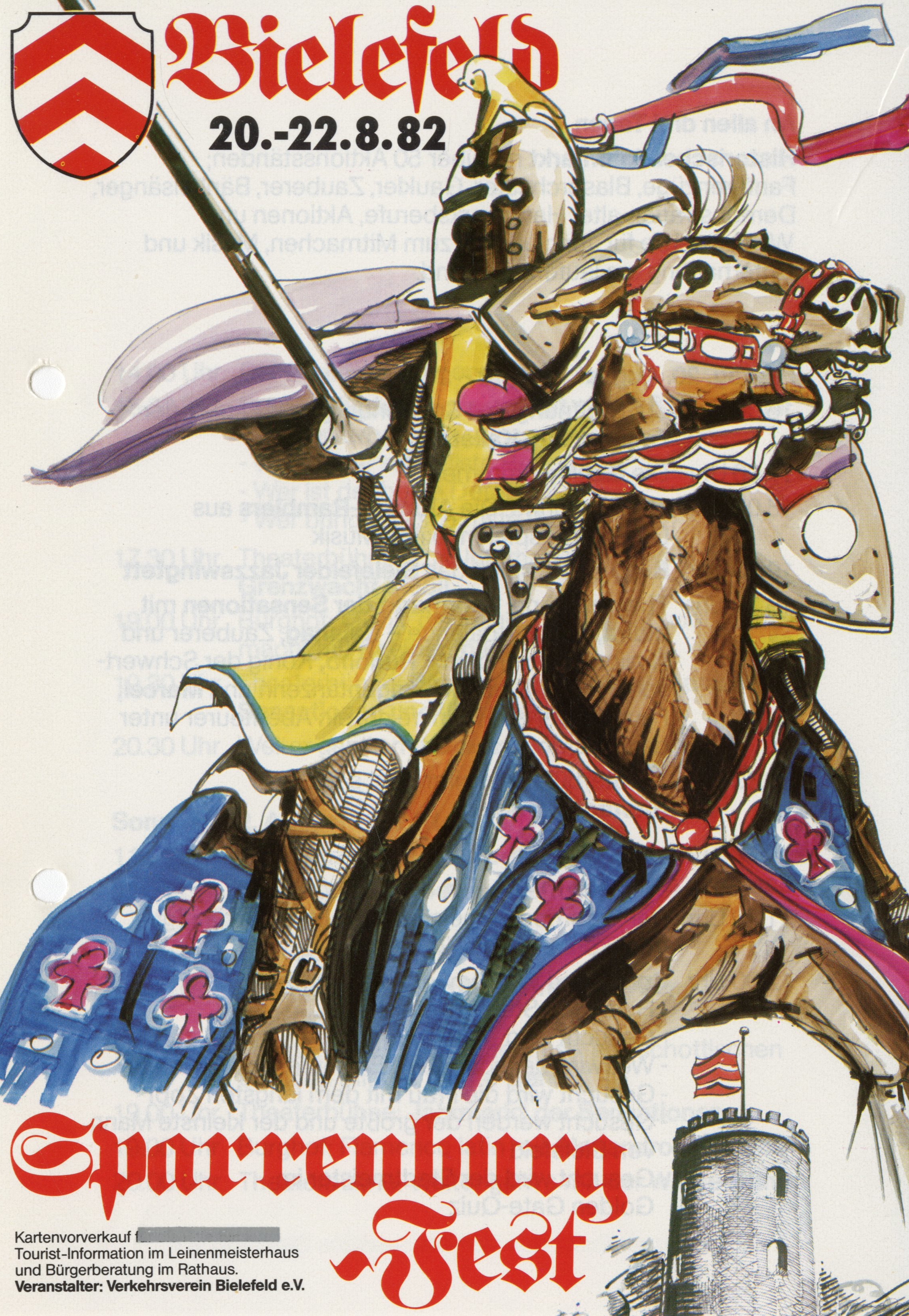 Plakat des Sparrenburgfests 1982, mit dem Entwurf zum Ritterturnier 1981. Stadtarchiv Bielefeld, Bestand 107,13/Kulturamt, Nr. 75