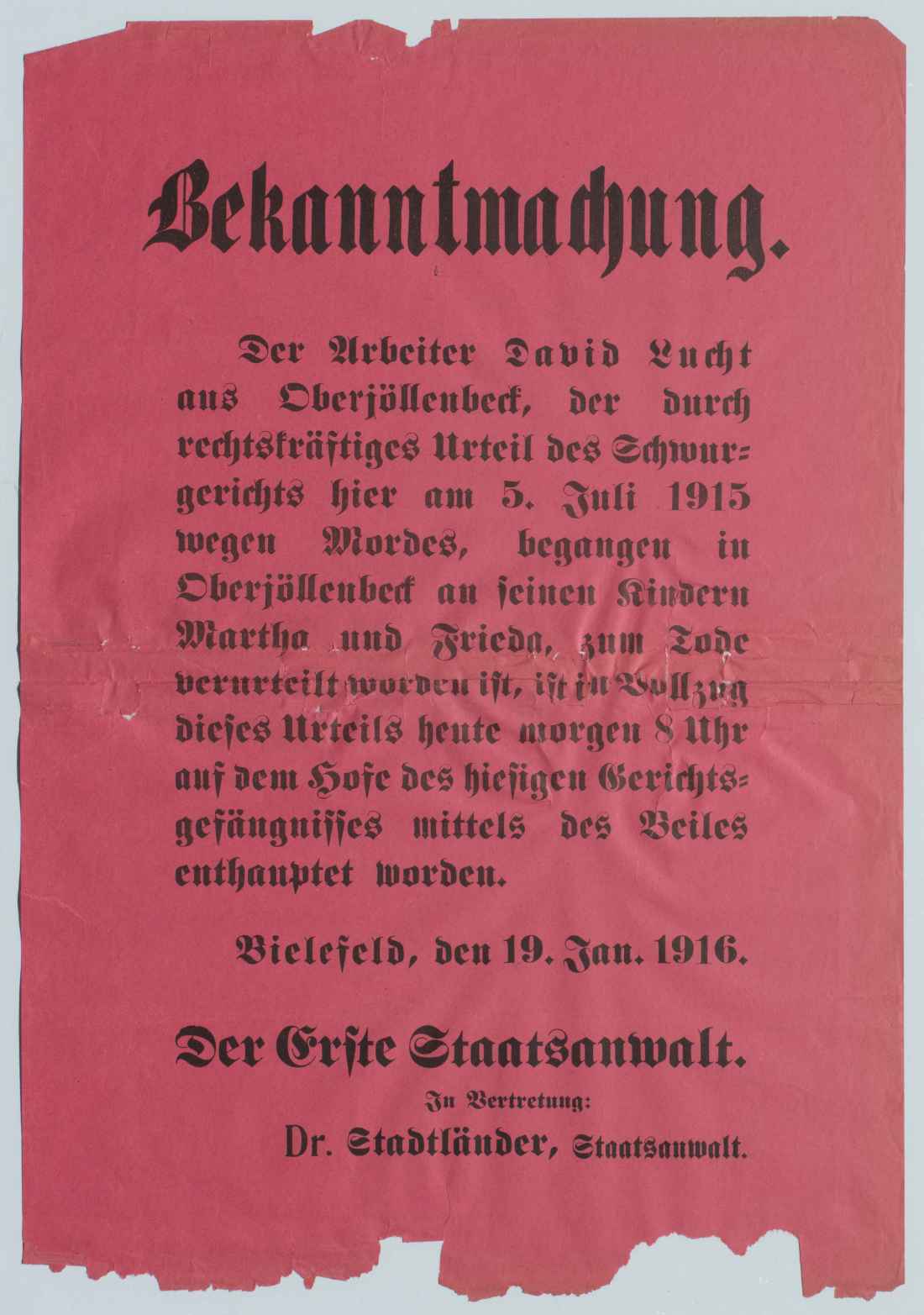 Bekanntmachung der Hinrichtung David Luchts am 19. Januar 1916, Plakat, 1916; Stadtarchiv Bielefeld, Bestand 130,6/Amt Schildesche, Nr. 463